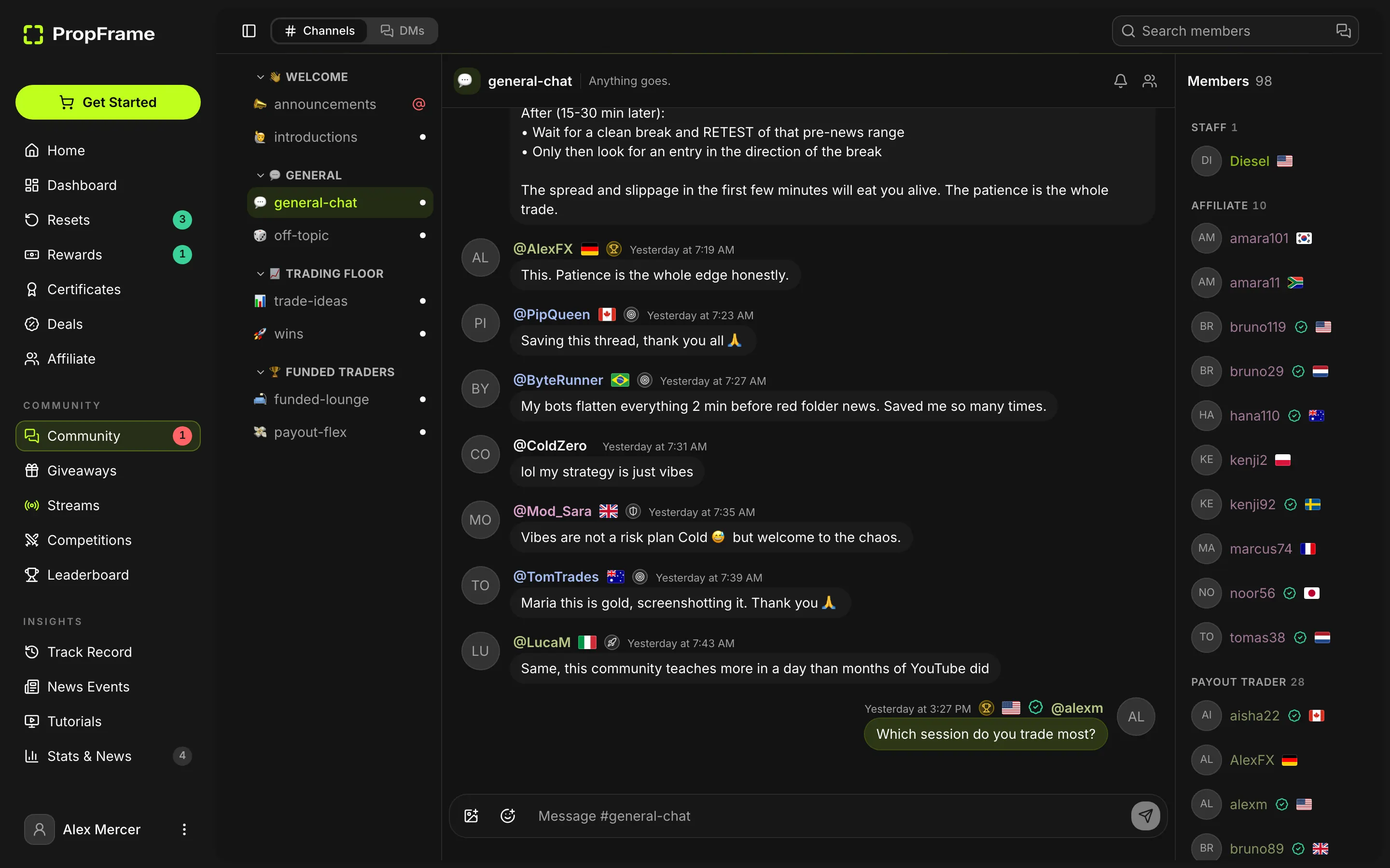 PropFrame in-app community channels replacing an external Discord